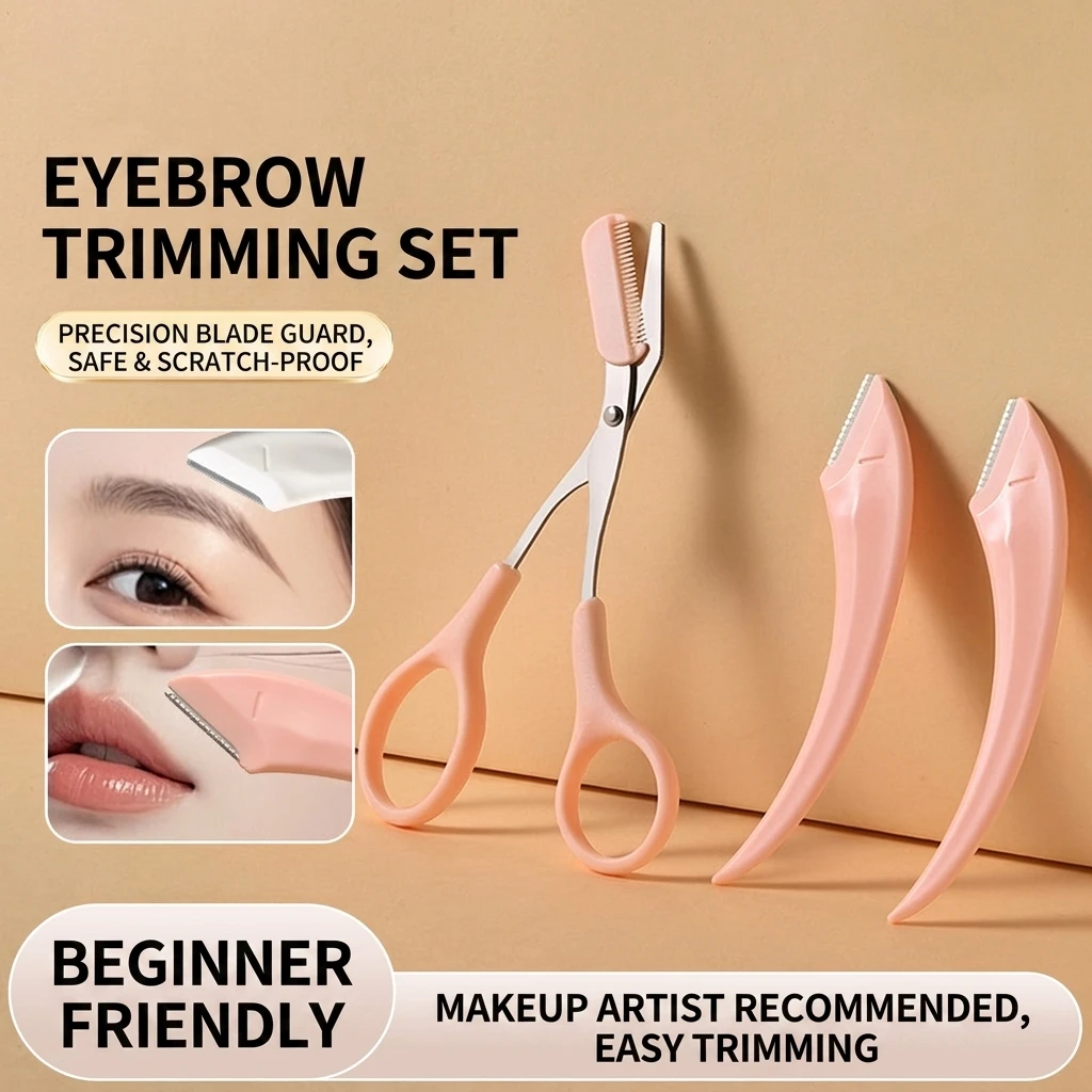 Pink Eyebrow Trimming Scissors Set - 2-Piece Premium Curved Razor and Comb, Easy Eyebrow Shaping, Ideal for Beginners