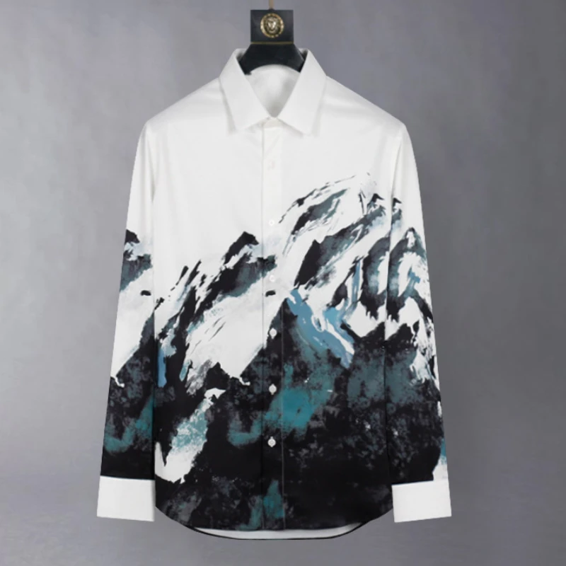 2024 Silk Snow Mountain Printed Shirt for Men Long Sleeve Slim Fit Casual Shirts Lapel Business Social Party Tuxedo Blouse