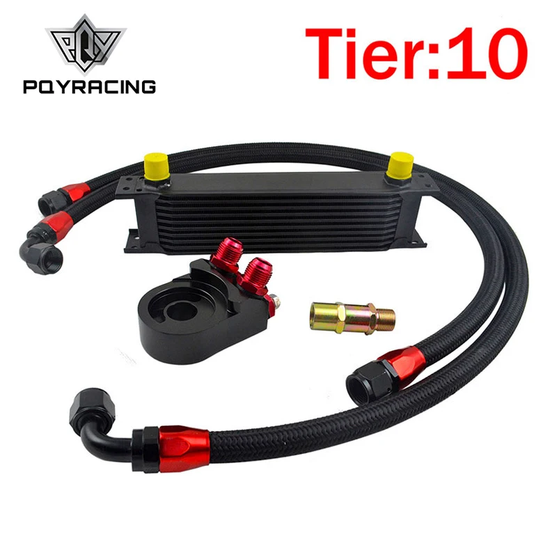 PQY - Universal 10 ROWS OIL COOLER KIT+AN10 Oil Filter Cooler Sandwich Plate Adapter Black+2PCS BRAIDED HOSE LINE