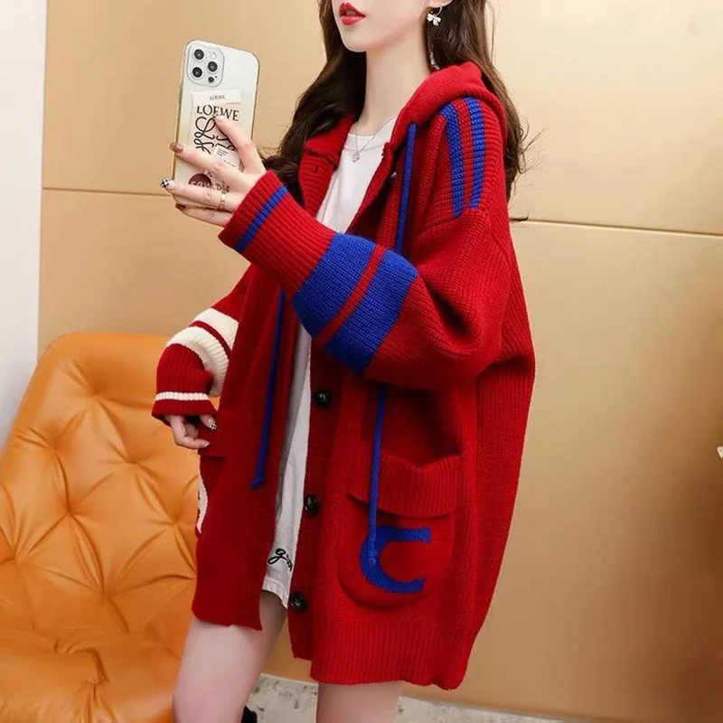 

Fashion Hooded Knitted Spliced Pockets Korean Shirt Female Clothing 2023 Autumn New Casual Tops All-match Commute Blouse