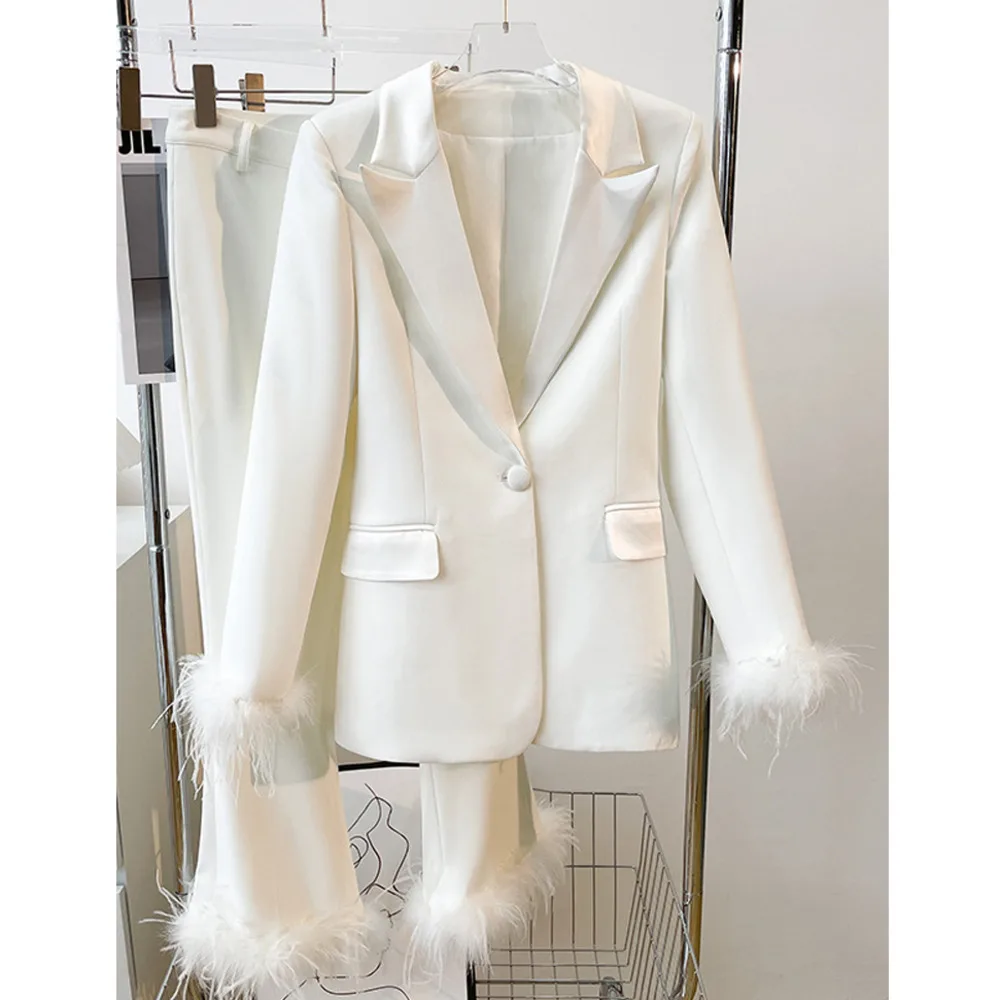 

HIGH STREET Newest 2023 Fashion Designer Runway Suit Set Women Slim Single Button Feather Embellished Blazer Pants Suit