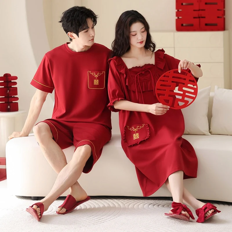 2026 Summer Couple Long Sleeve 100% Cotton Pajama Sets for Men Korean Loose Sleepwear Pyjamas Women Night Dress Homewear Clothes