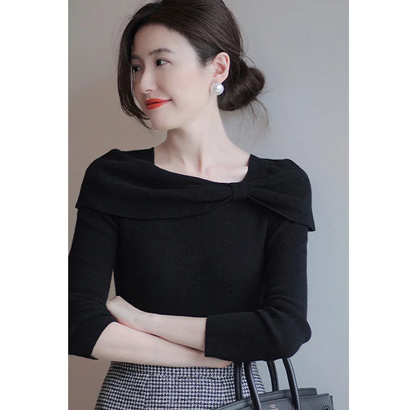 

Wool Knitted Sweater Square Collar Base Top Knot Slim Fit Korean Sle Commute Camere Long Sve Sweater