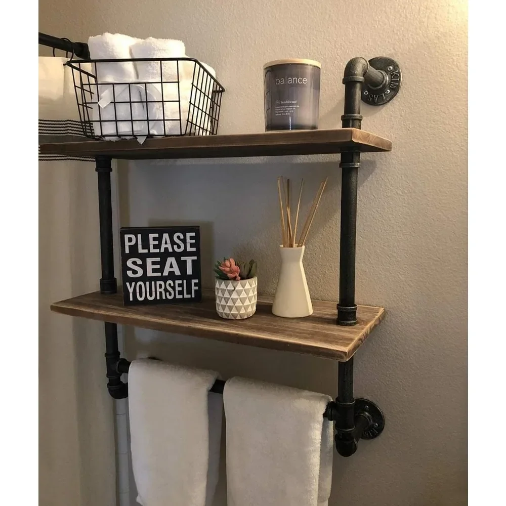 Industrial Pipe Bathroom Shelves Wall Mounted 2-Shelf,Rustic Pipe Shelving Wood Shelf with Towel Bar,Pipe Floating