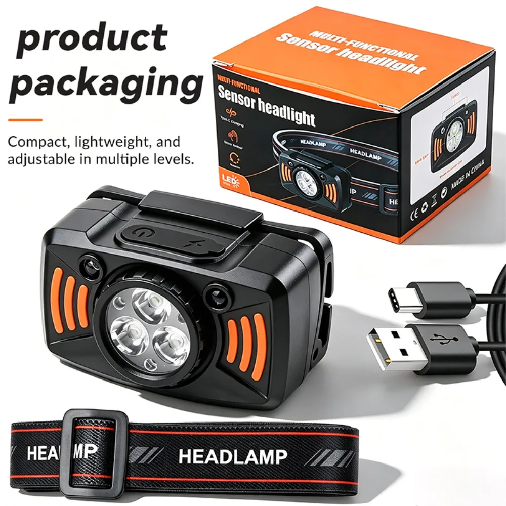 Wave Sensor Rechargeable 3LED Headlamp New Compact Multifunctional Strong Light Torch for Night Fishing Outdoor Working Lighting