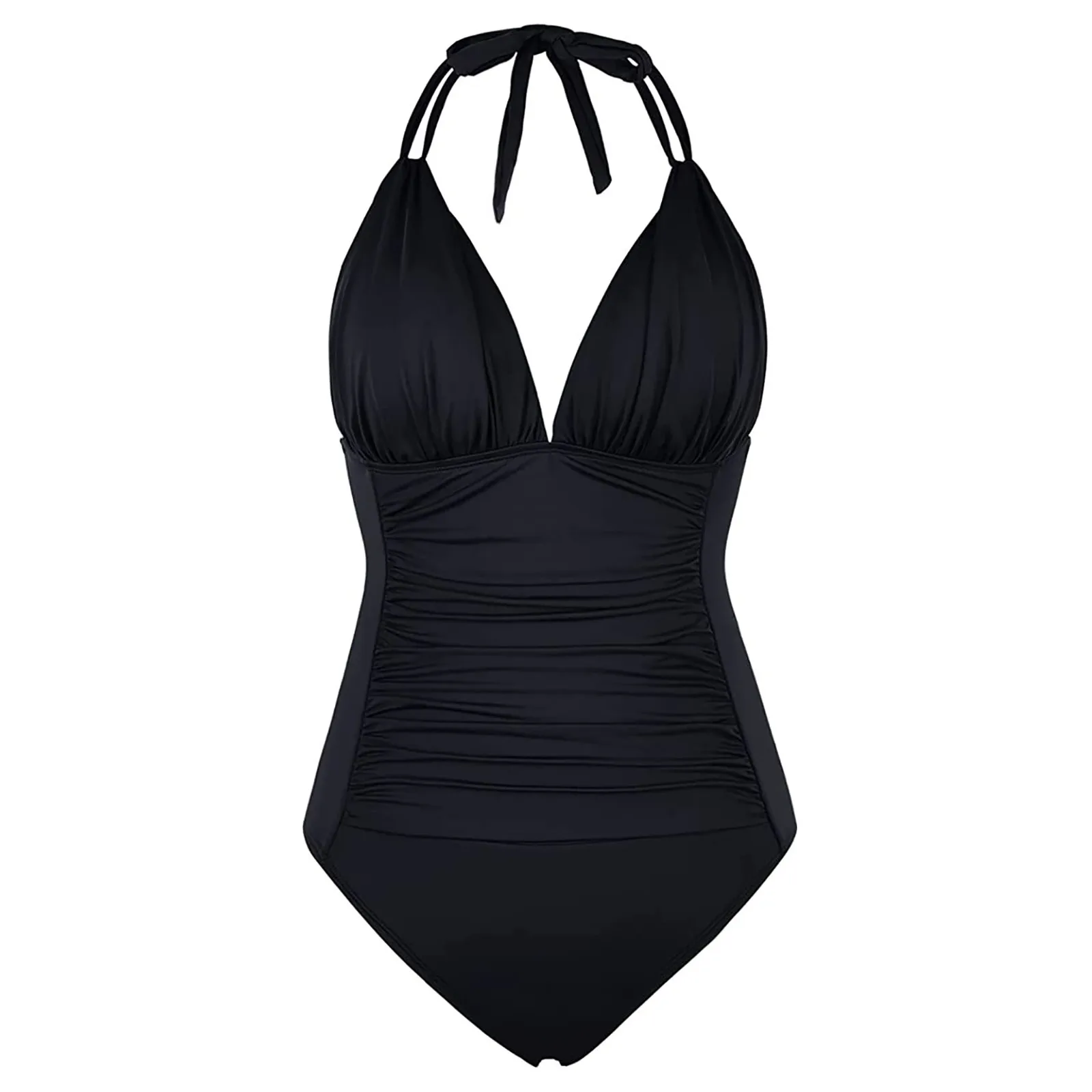 One piece Swimsuit 2023 women Solid pleated One piece swimsuit Halter V neck one piece swimsuit Bathing suit  bikini mujer