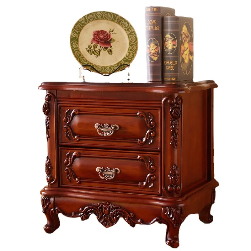 

European-style all-solid wood bedside table, bedroom furniture, storage cabinet, antique color rules