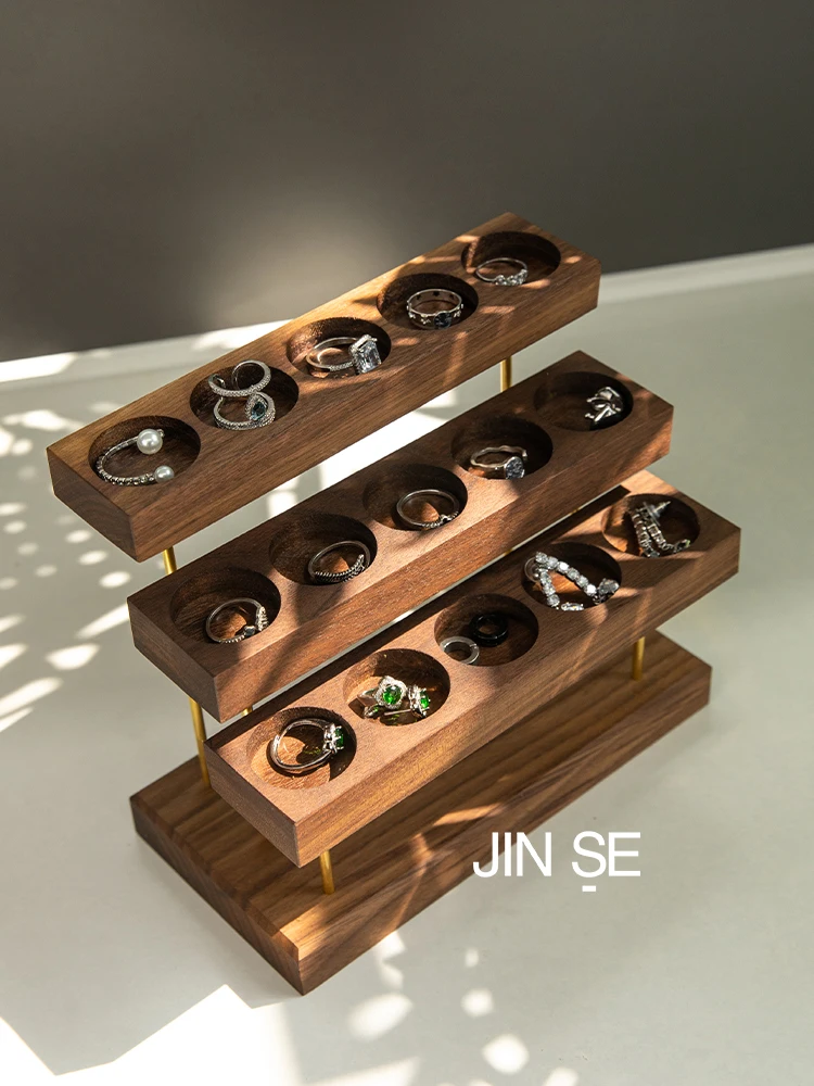 

Creative Walnut Three-layer Jewelry Rack Ear Stud And Ring Storage Rack Ladder Multi-layer Shelf Shopping Ornament Display