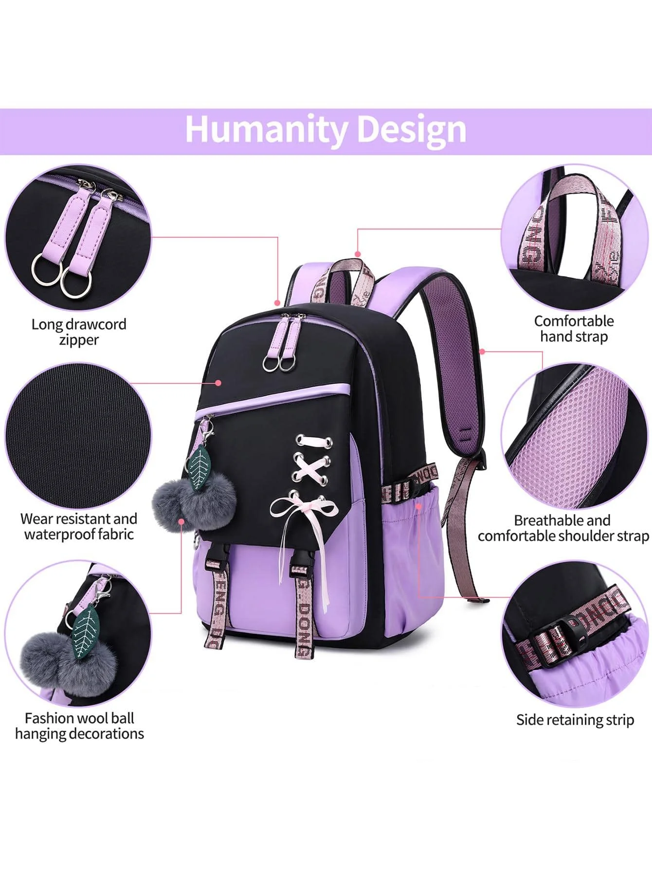 Teenagers Cute Schoolbag Shoulder Backpack Nylon Fabric Girls, Large Capacity Splash-Proof