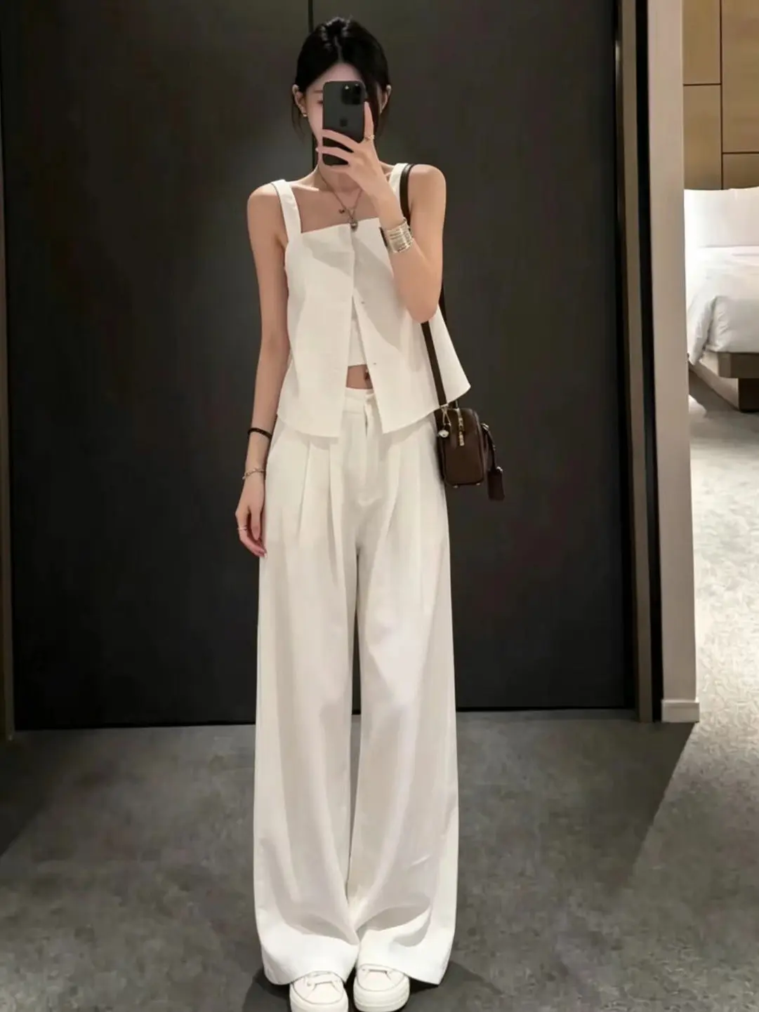 

High Quality Slimming Wide Leg Pants White Set Women's Fashion Summer New Design Two-Piece Suit Casual High Waist Trousers