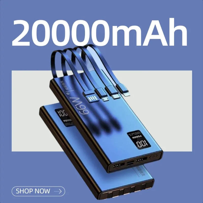 3C Certified 66W Super Fast Charging Power Bank with Built-in Cable 20000mAh Ultra-Thin Portable and High-Capacity