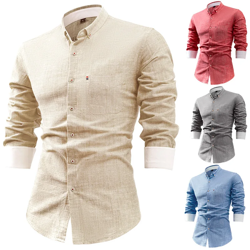 

Cotton Linen Social Shirt Men Solid Color Long Sleeve High Quality Brand Shirt for Men Spring Stand Casual Men's Shirts