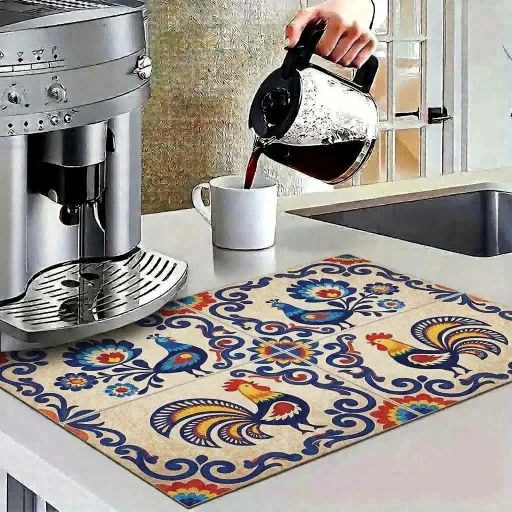Thick Square Coffee Mat, Water Absorbent Dining Table Pad with Rubber Bottom for Kitchen Counter, Tableware and Dish Drying