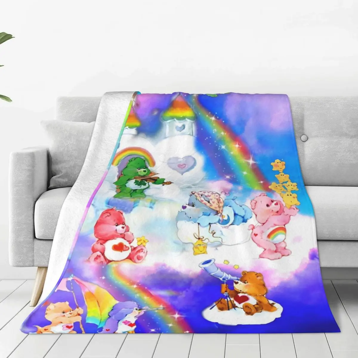 MINISO Care Bears Cartoon  Soft Warm Blankets Decorative Plush Bedding Throws Print Couch Chair Flannel Bedspread Sofa Bed Cover