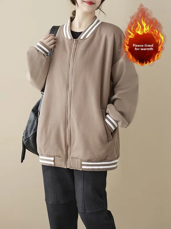 เสื้อคลุมสไตล์เรโทรลายทางต่อผ้าสำหรับผู้หญิงไซส์ใหญ่ คอตั้ง แขนยาว ซิปเปิด