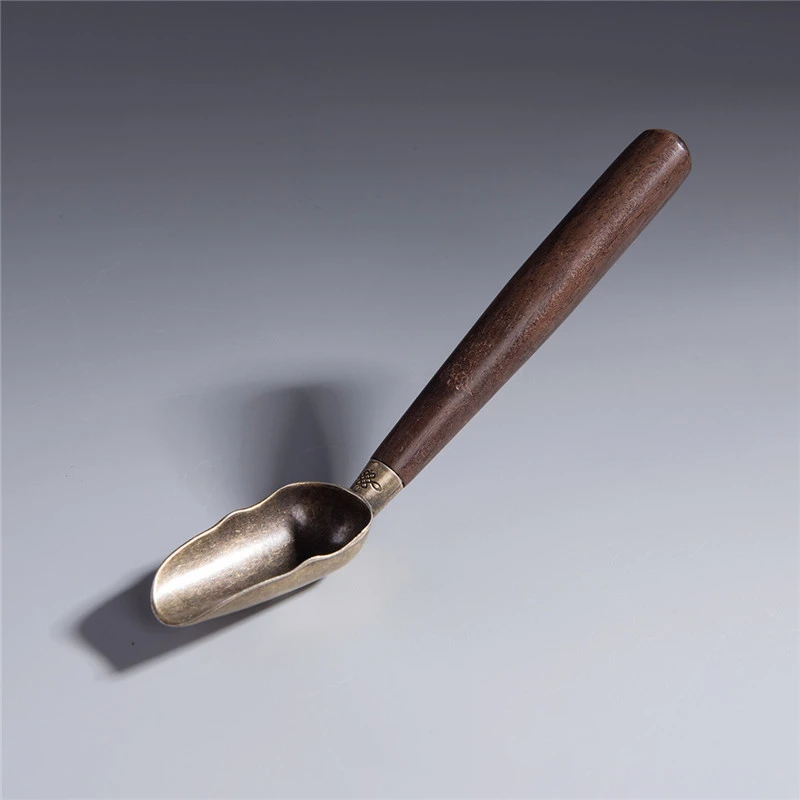 18cm Ebony/rosewood Wood Handle Curved Bronze Tea Scoop Shovel Kung Fu  Spoon  Ceremony Accessories