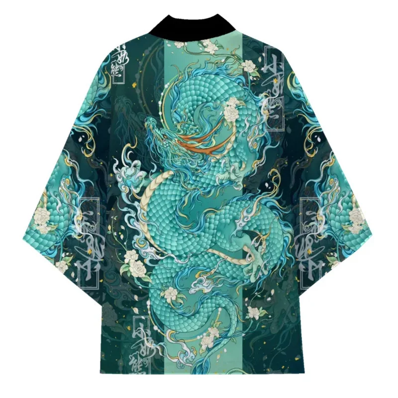 Kimono de samouraï traditionnel japonais pour hommes et femmes, Cardigan ample vert imprimé Dragon Anime, manches 3/4, chemise Harajuku Haori Coaplay