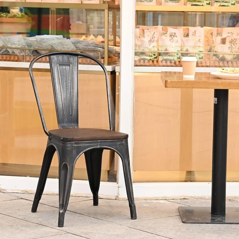 كراسي طعام معدنية، كراسي مطبخ مكدسة للمزرعة، مجموعة من 4 قطع من الذهب الأسود مع مقعد خشبي عالي الظهر لمطعم غرفة الطعام