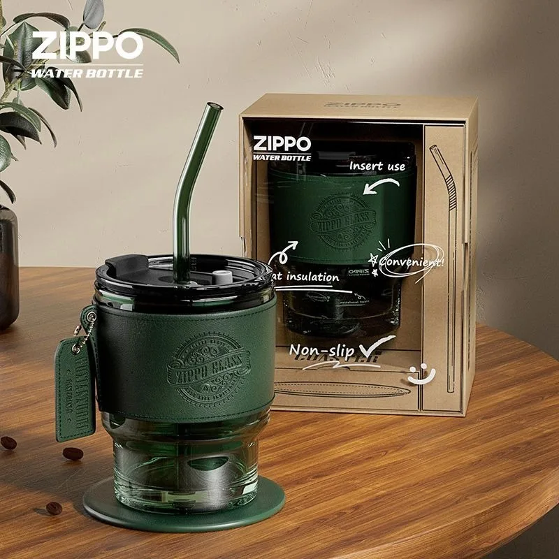 

Zippo glass water cup with straw style coffee cup, ins style high appearance level office retro men's and women's portable cup