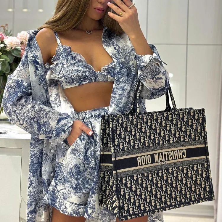 Women's 2024 New Shirt Sling Shorts With Chinese Ink Printing Fashion Three Piece Set