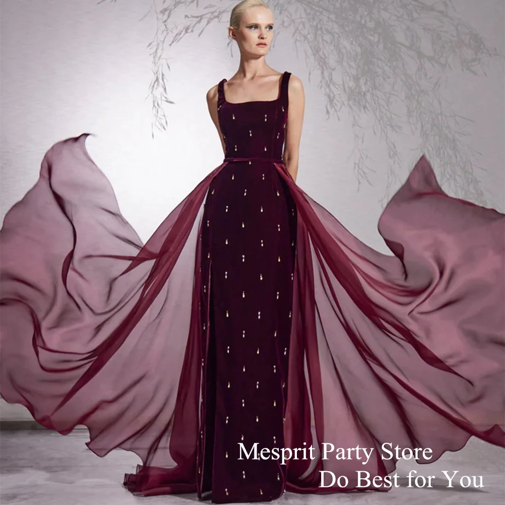 Burgundy Prom Dress Square Neck Customized Velour Formal Party Gown with Organza Skirt Slit Sheath Evening Dresses فساتين سهرات