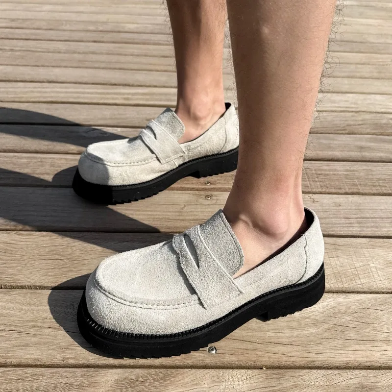 

Лоферы из воловьей кожи в британском стиле, мужская повседневная обувь, подошва на платформе, без шнуровки, с круглым носком, модельная кожаная обувь в стиле ретро, молодежная обувь
