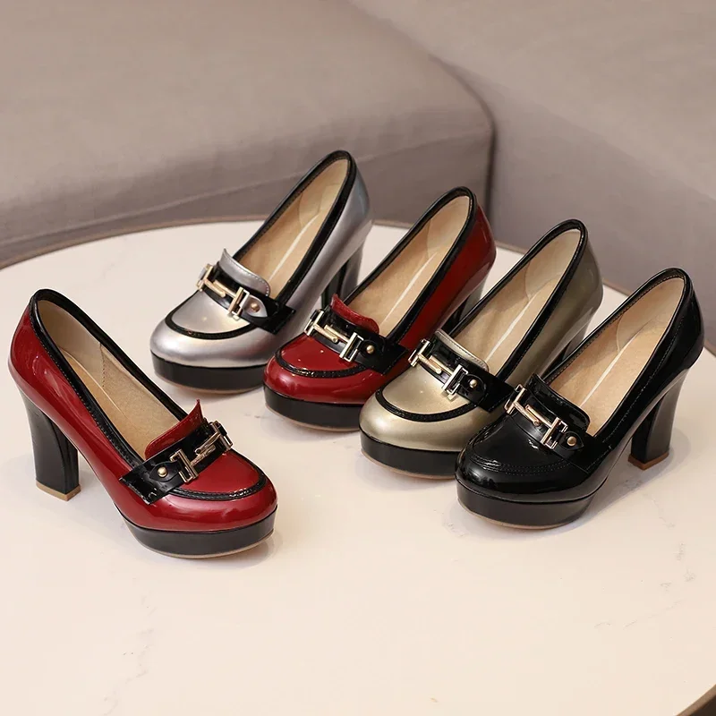 Fashion Metal Chain Women Loafers Silver Gold Red Patent Leather High Chunky Heel Party Dress Lady Glossy Slip-on Platform Pumps