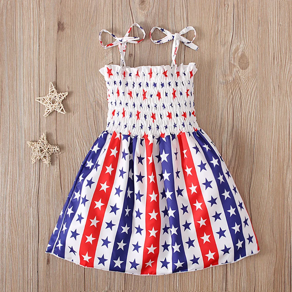 Patriotic Summer Fashion for Girls Strap Dress with American Print Playful Dress Dino and Panda Design Girls Casual Dresses