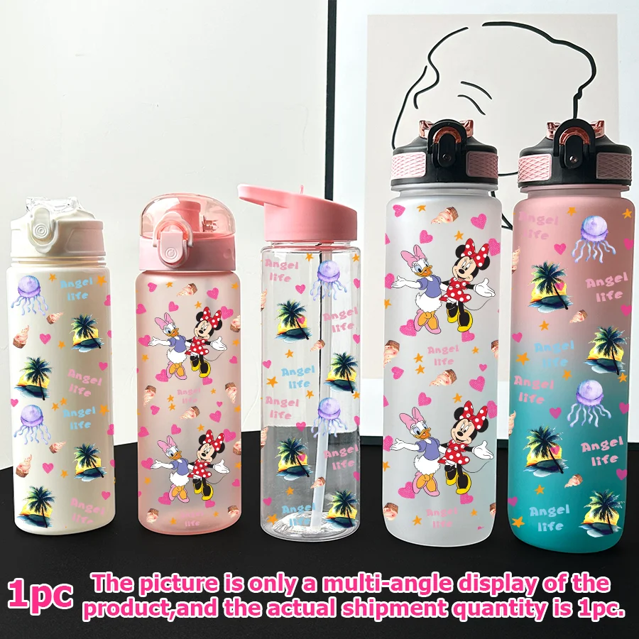 

1 шт., мультипластиковая бутылка для воды Disney Minnie, с принтом пальмы, 23-32 унций, портативная спортивная чашка для воды, подарок на день рождения