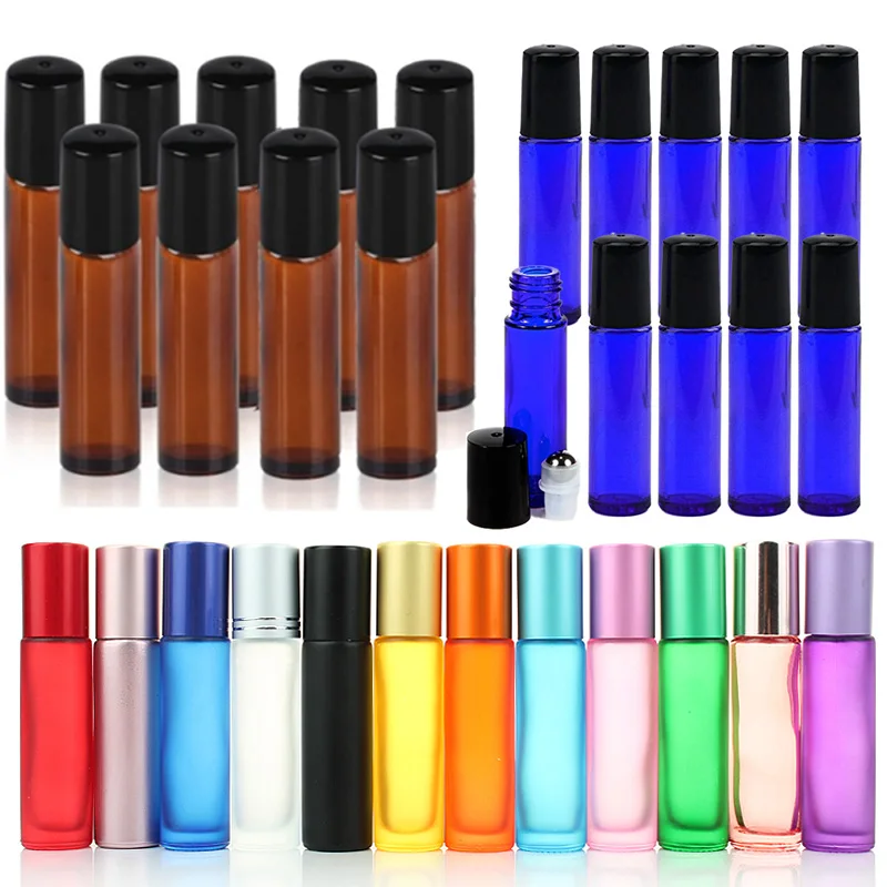 10pcs 10ml Essential Oil Roller Bottles Frosted Glass Roller Bottles with Stainless Steel Balls for Essential Oil Sample Bottles