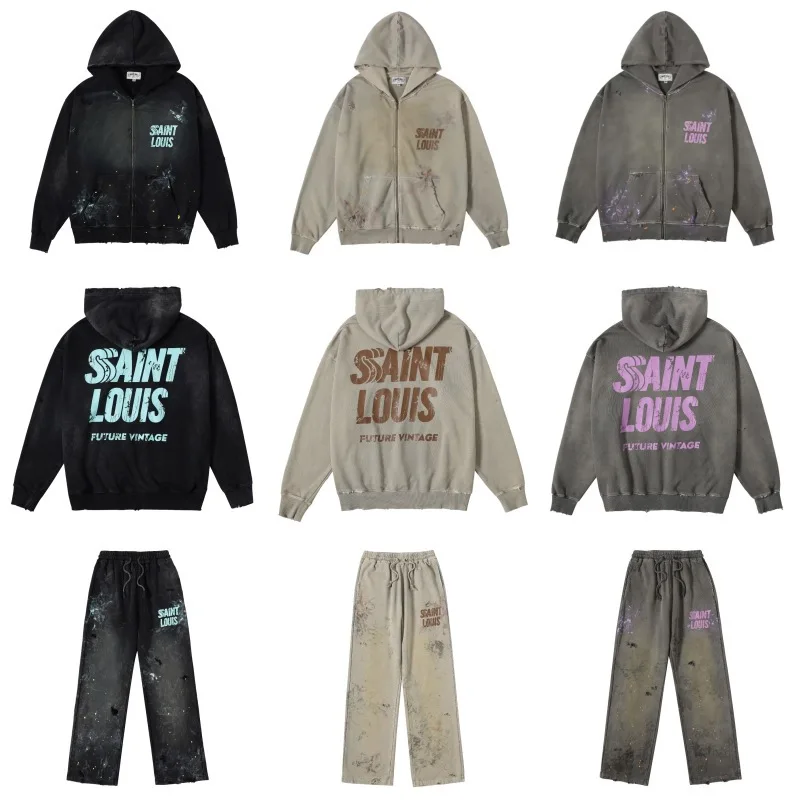 

American retro Sssaint louis cardigan hoodie for men and women, high street distressed hooded coat for Instagram fashion trend