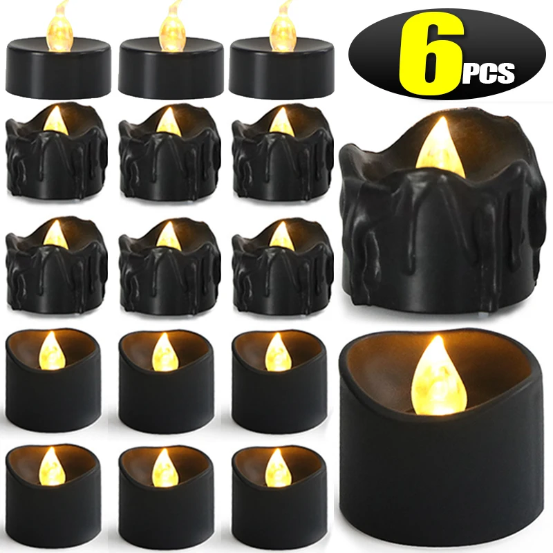 1-6Pcs LED Electronic Candles Flameless Flashing Tealight Black Tea Candle Light For Halloween Birthday Wedding Party Decoration