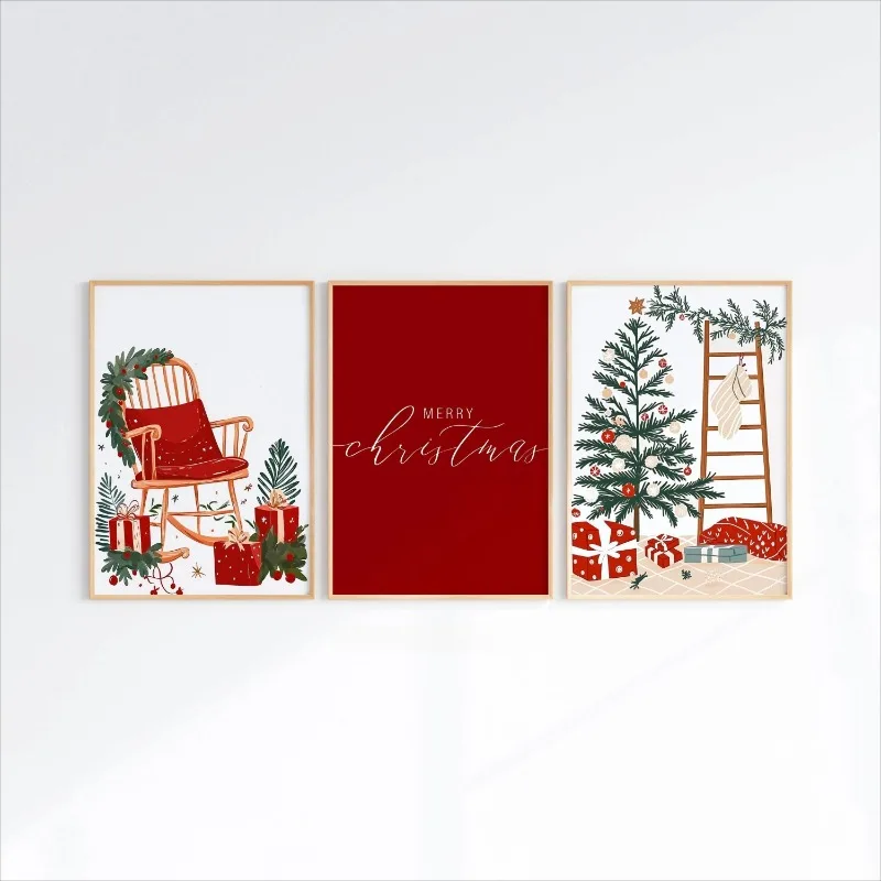 Vintage Merry Christmas Wall Art 3pcs Xmas Tree Rocking Chair Gift Box Print Festive Holiday Home Decor Unframed Canvas Painting