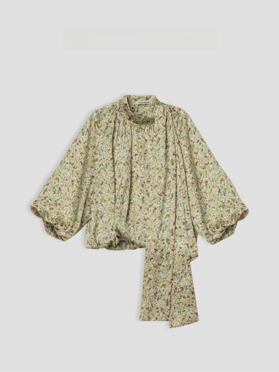 

Romantic Floral Print Loose irt with Belt Ele Vintage Sle Women's Blouse Stand Collar Bubble Sve Polyester Fiber