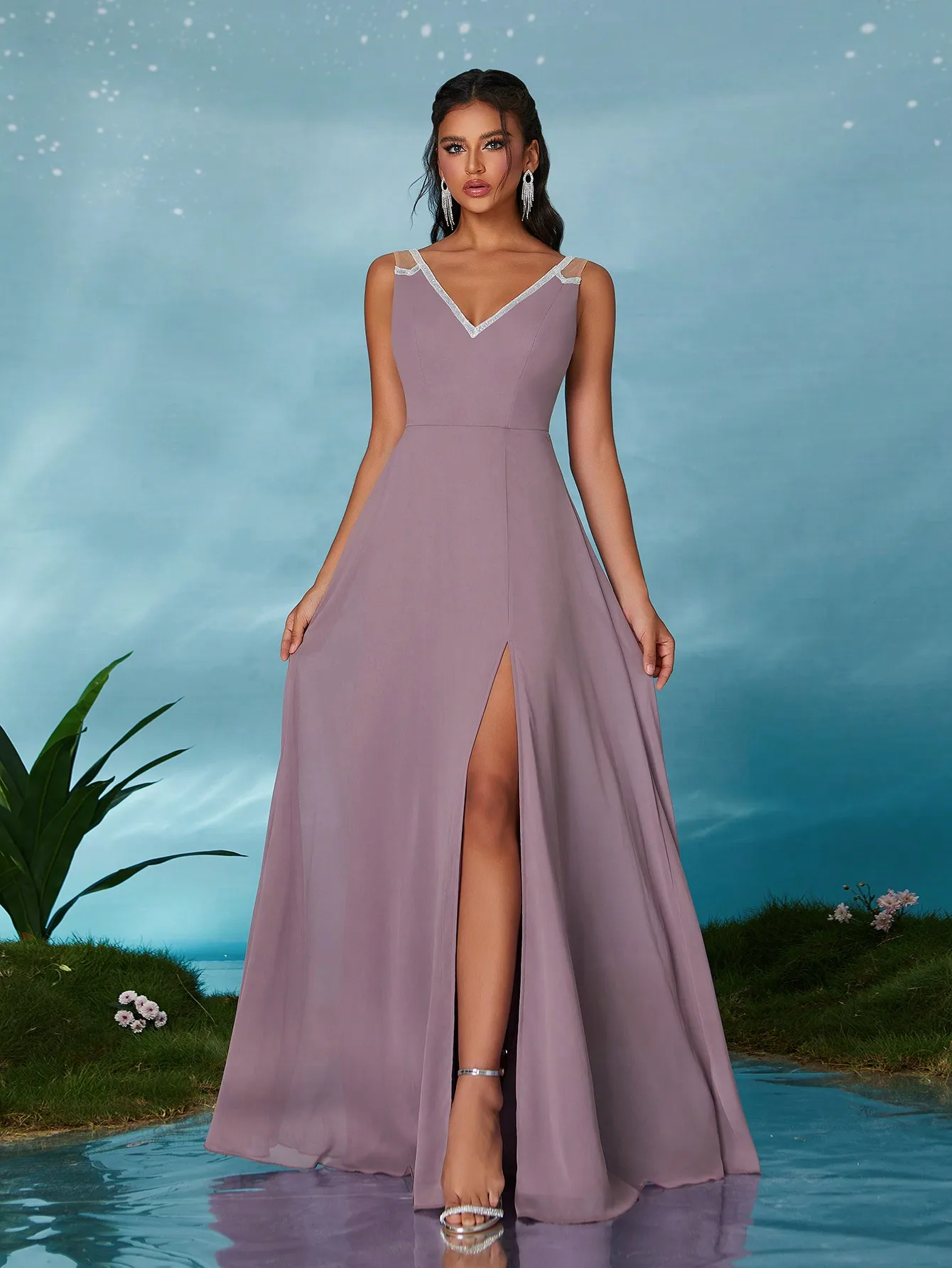 MGIACY Robe longue en mousseline de soie, col en V, sangle à paillettes décorée, pendule A