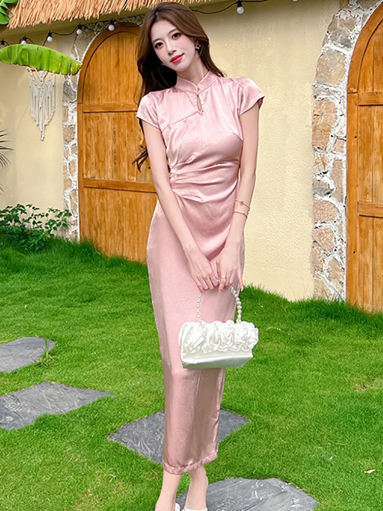 Robe longue en Satin rose pour femmes, manches courtes, col montant, plissée, moulante, luxe, coréenne, élégante, Festival, été, 2025