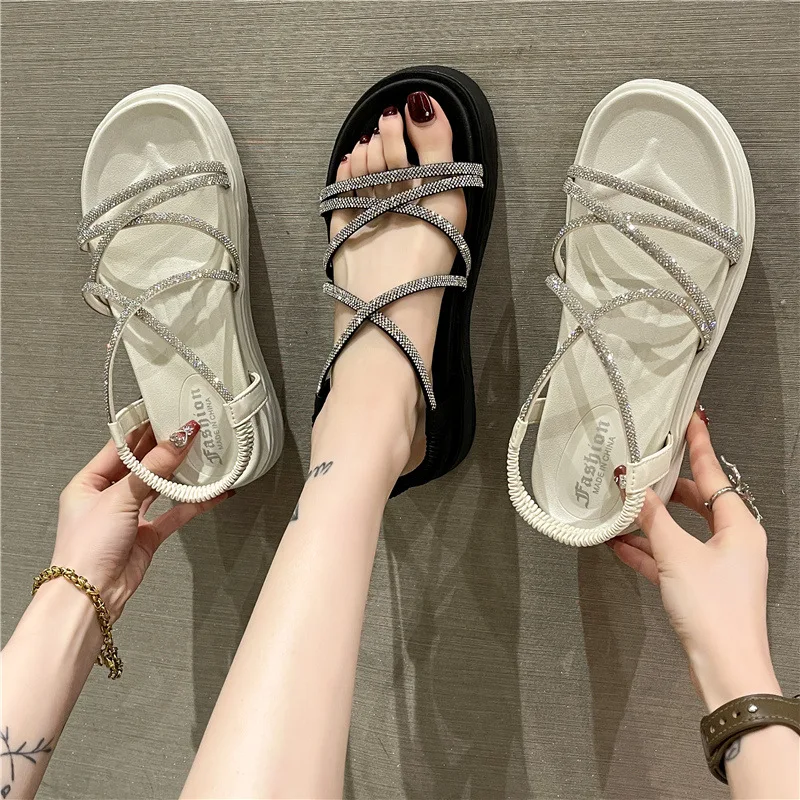 Soft 2024 Sandals Female Shoe Clogs With Heel Med All-Match New Girls Fashion Thick Beige Medium Summer Rhinestone Comfort Solid