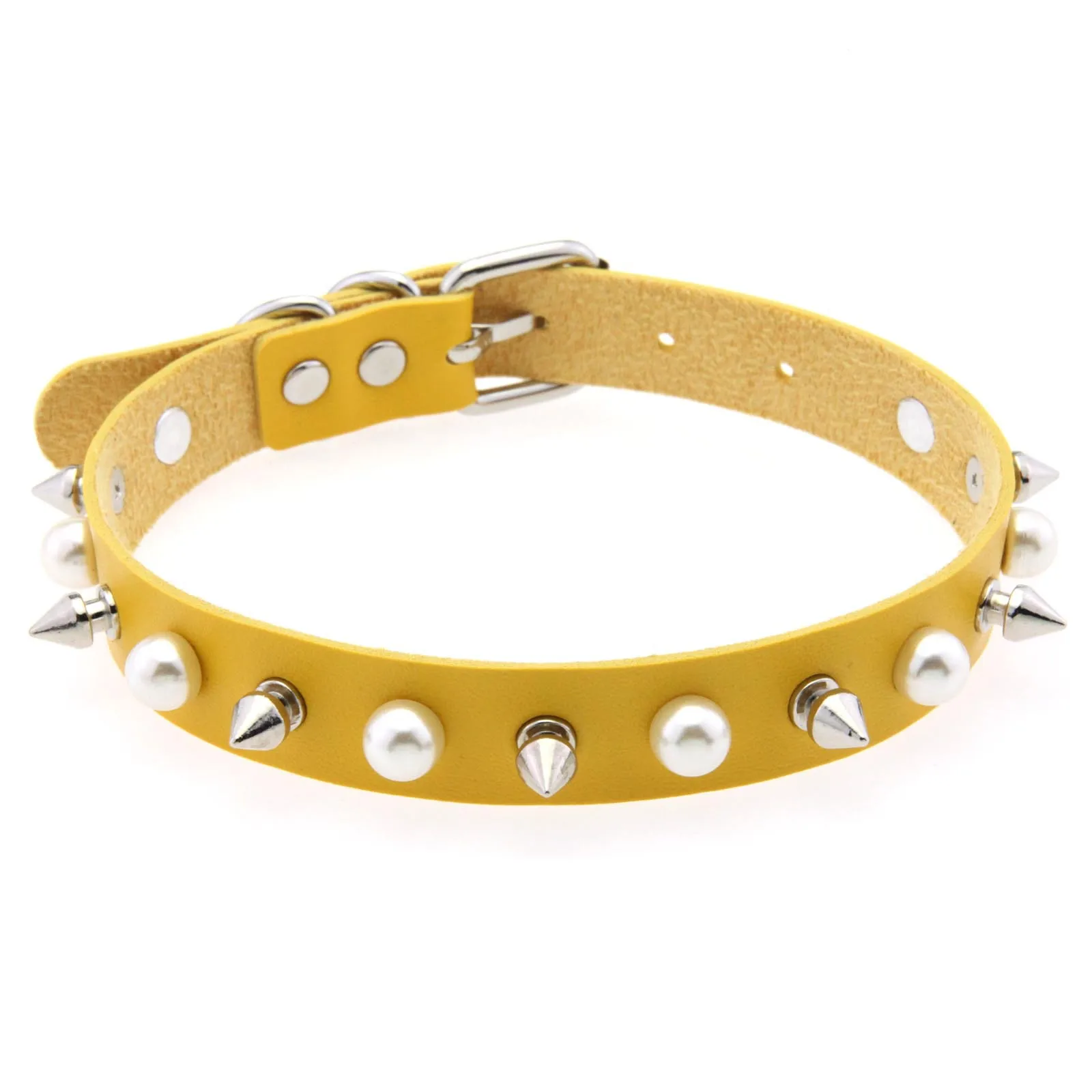 Punk Gothic Harajuku Rock and roll Creativity Imitation pearl Rivets Multicolored Leather Alloy Necklace Clavicle chain