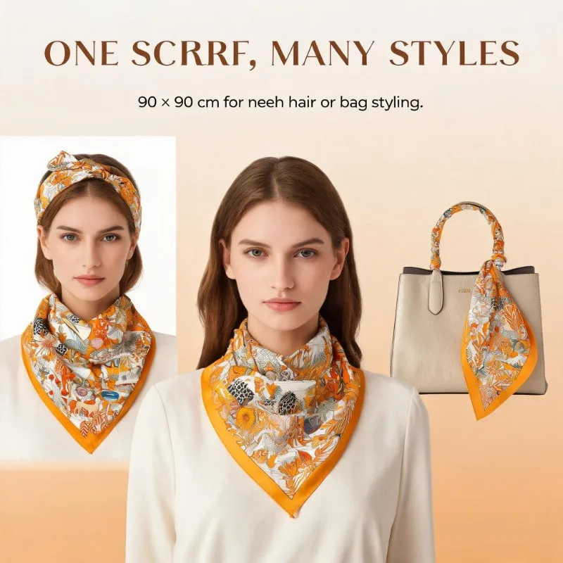 100% MULBERRY SILK 90X90cm Multi-Tier Tropical Garden Wild Animal Square Scarf Warm Orange Base Matching Orange Trim Bandana