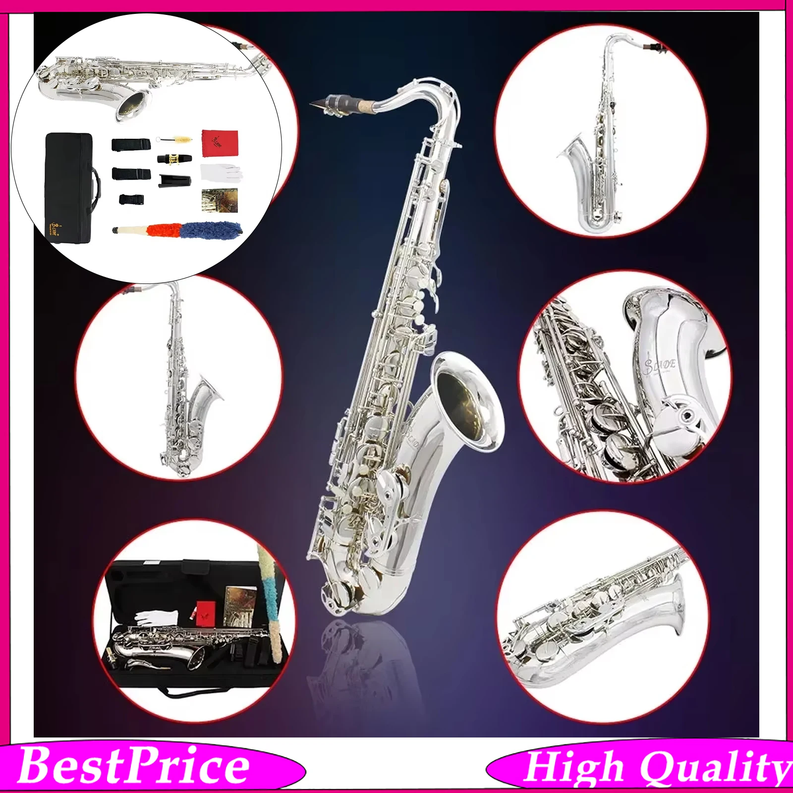SLADE Bb Tenor Saxophone Silver Plated Brass Tube Body Wind Instrument Accessory Kit Musical Instrument Supply for Stage Show