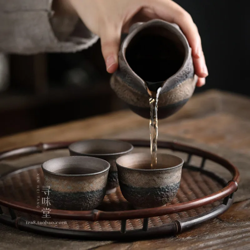 Handmade Tea Cup Kung Fu Gilt Ancient Early Ceramic Small Coarse Pottery Tea Set | Japanese-Style Burning Iron Glaze Vintage Cup