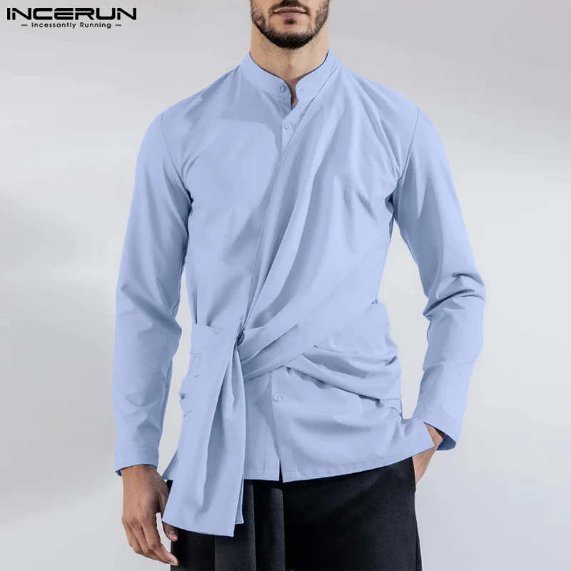 

INCERUN Men Irregular Shirt Solid Color Lapel Long Sleeve Button Fashion Camisas Streetwear 2024 Personality Casual Men Clothing