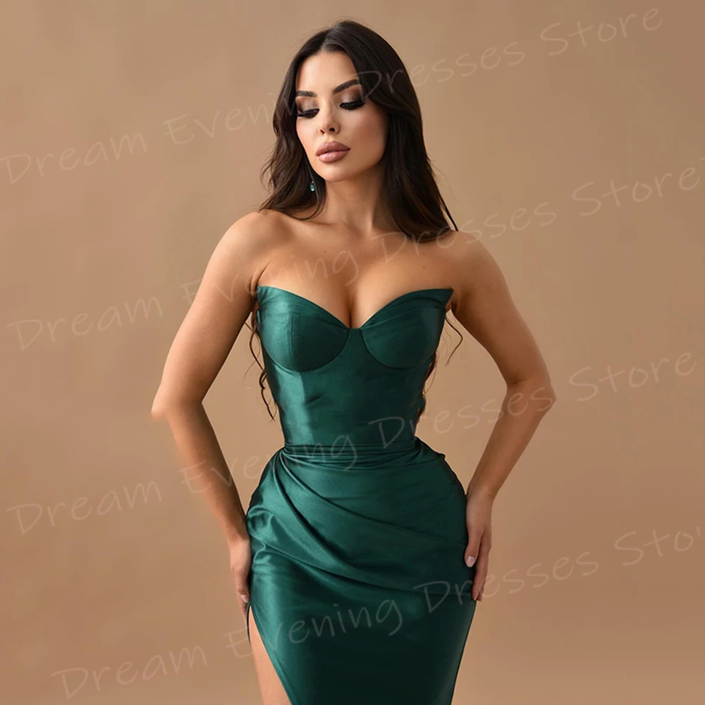 Modest Dark Green Women's Mermaid Simple Evening Dresses Charming Strapless Prom Gowns High Split Pleated فساتين سهره شارون سعيد