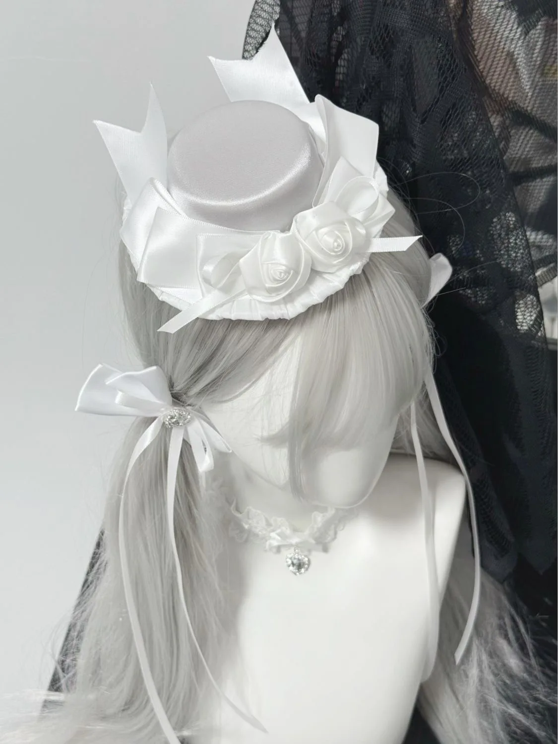 로리타 하라주쿠 Y2K 소녀 고딕 모자 화이트 로즈 작은 모자 머리핀 화이트 JK 보우 헤어 클립 액세서리