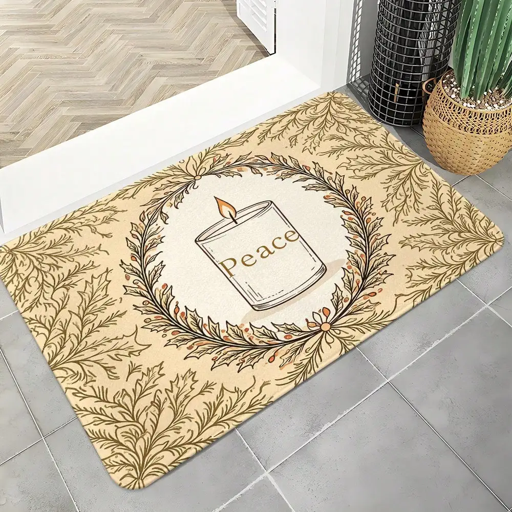 1pc Beige Brown Flannel-Like Floor - Soft Indoor/Outdoor With Wreath & Peace Design, Olive Branches & Peace Lettering - Washable, Entryway, Door, Bathroom