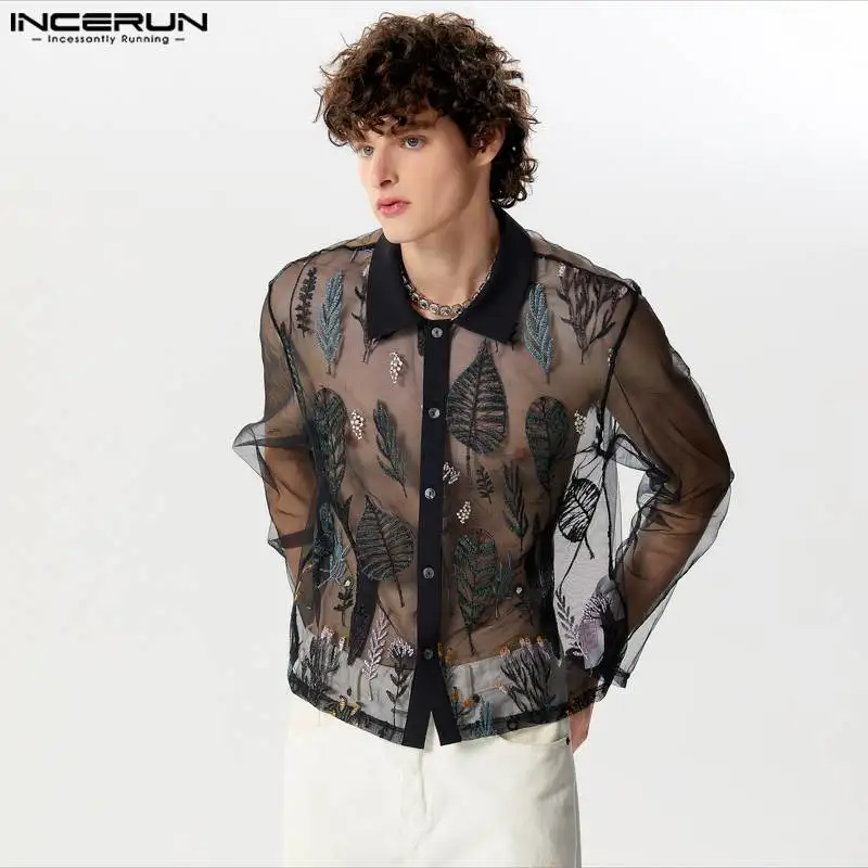 

Party Clubwear Style Tops INCERUN New Mens Jacquard Perspective Design Shirts Casual Fashion Thin Long Sleeved Blouse S-5XL 2024