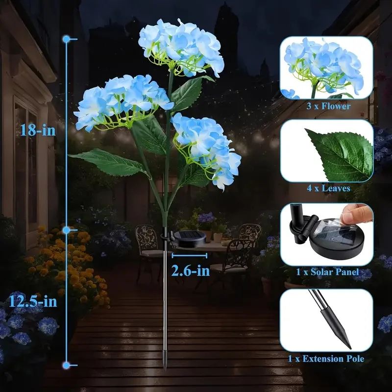 3 Head Hydrangea Rose Solar Flower Lights, Outdoor Waterproof LED Garden Stake Lamp for Lawn Patio Yard Decor