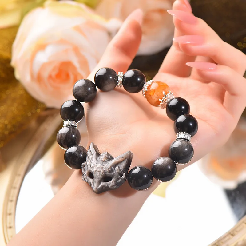 

Natural Silver Obsidian Obsidian Fox Bracelet Couple Light Luxury Fashion Lucky Bracelet Girls Gift Niche Design