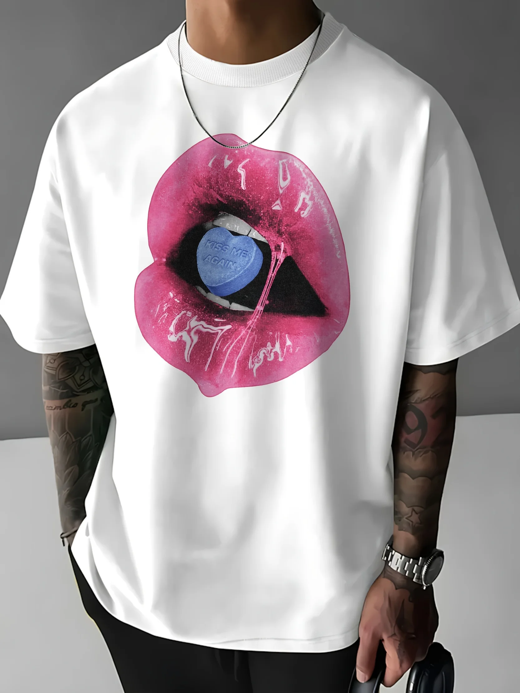 Kiss Me Again Sexy Pink Lips Print T-Shirt 100% Cotton O-Neck Short Sleeve Summer Casual Mens T-shirt Streetwear