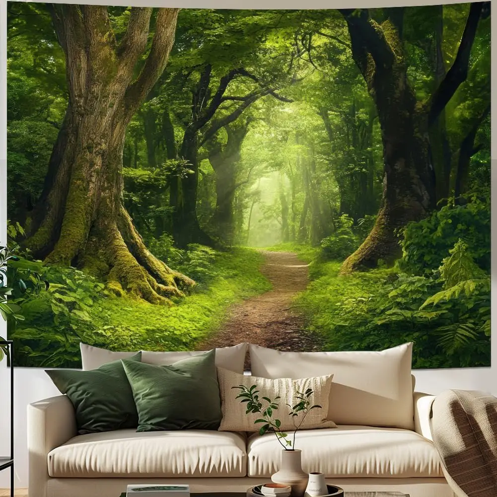 Forest Tapestry Nature Landscape Tapestries Green Tree Tapestries Misty Forest Wall Art Jungle Scenery Tapestry Wall Hanging for